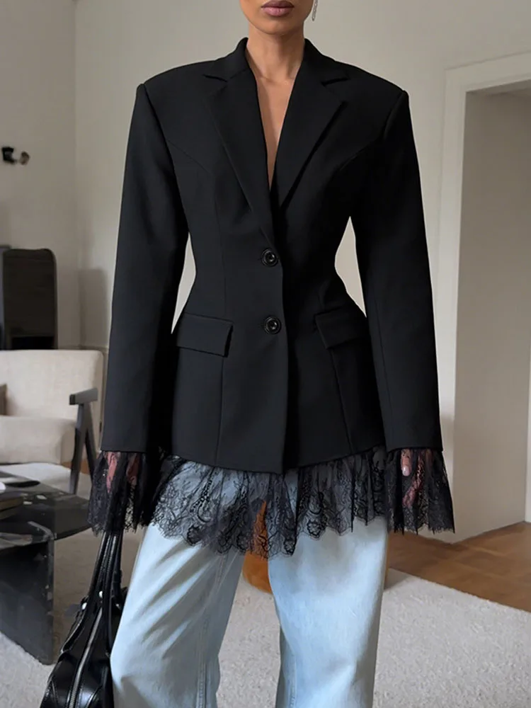 

MCDV 2025 Autumn Women Blazer Dress Lace Patchwork Sexy Slim V-neck Long Sleeve Single Breasted Suit Jacket Chic Lady Streetwear