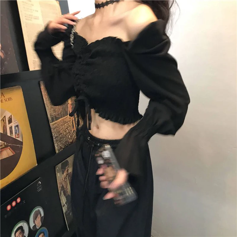 Cropped Slash Neck Shirts Women Streetwear Black Shirring Long Sleeve Blouses Summer Korean Elegant Sexy Off Shoulder Crop Tops