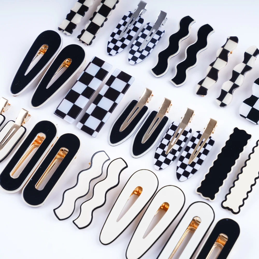 10Pcs/Lot Korean Trend Checkerboard Girls Hairpins Geometric Hair Barrettes Metal Duck Billed Acrylic Side Clip Accessories