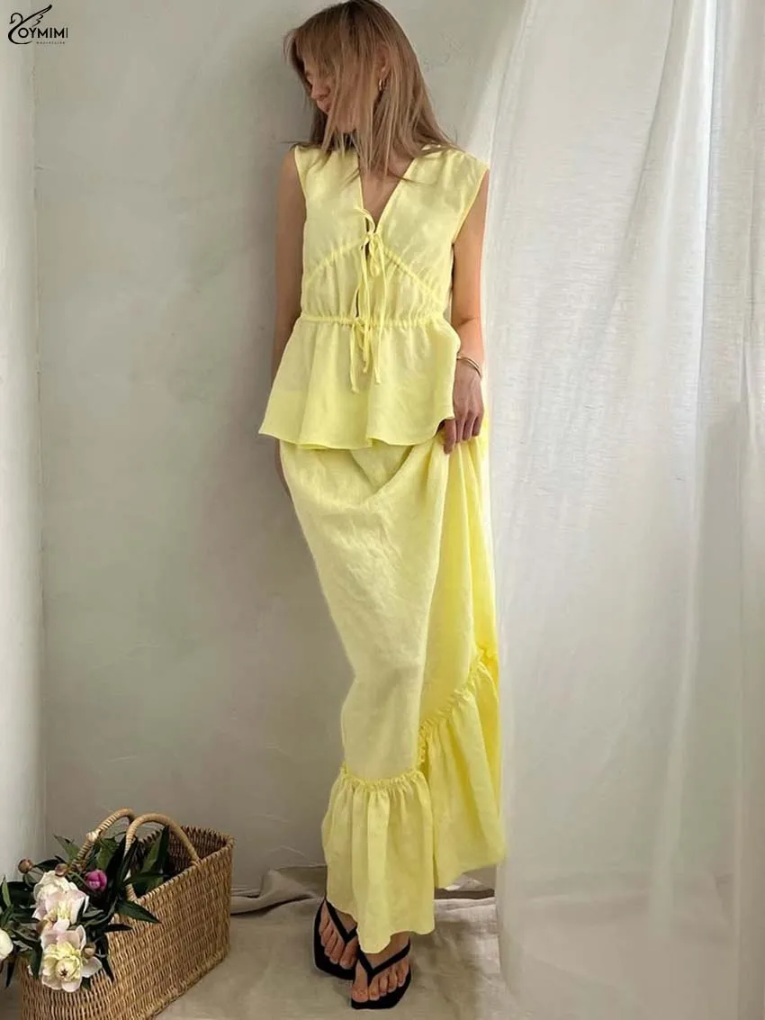 

Oymimi Elegant Yellow Cotton 2 Pieces Set For Woman Fashion V-Neck Sleeveless Lace-Up Blouse + Pleated Ankle-Length Skirts Sets