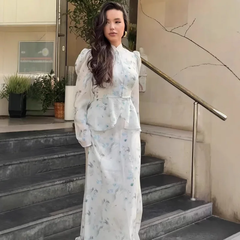 

2025Summer New Retro Fresh Sweet Long Sleeve Top Long Dress Comfortable Set for Women