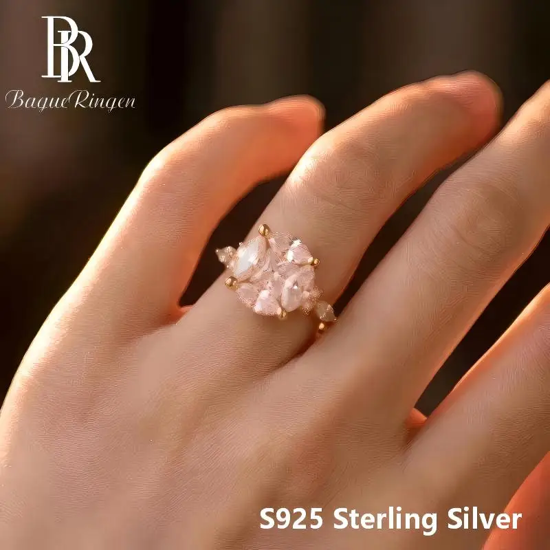 BR S925 Silver Four-Prong Irregular Cut Moissanite Ring, Unique Shape Solitaire Band, Light Luxury Stackable Jewelry for Women