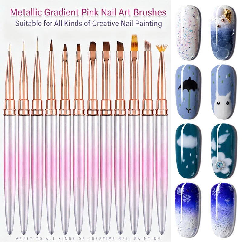 12pcs-pink-gradient-metal-uv-gel-nail-art-brush-set-with-caps-for-french-liner-flower-gradient-diy-salon-manicure