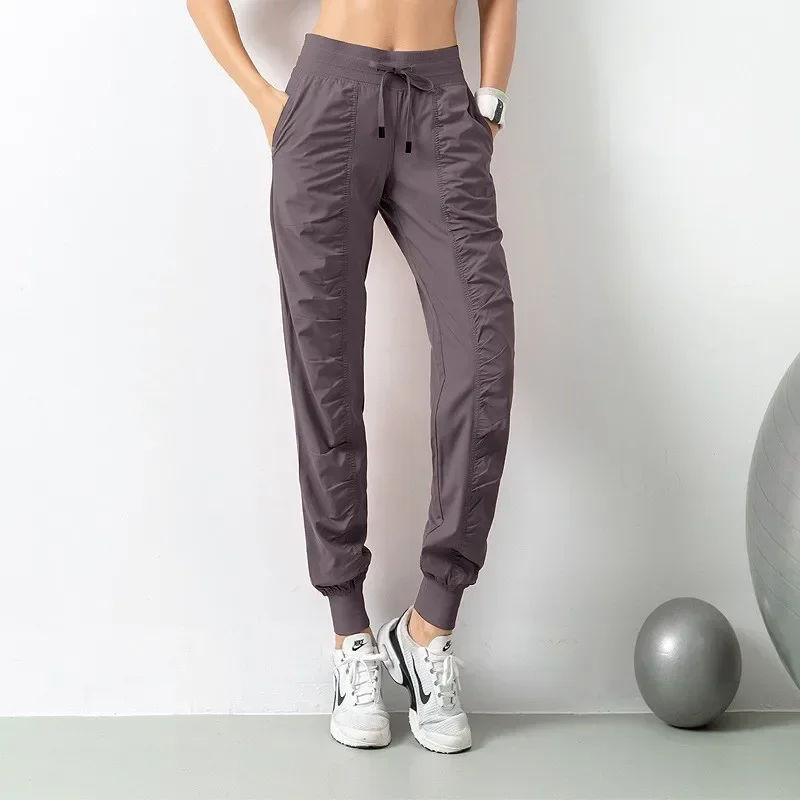 Sweatpants Fabric Drawstring Running Sport Joggers Women Quick Dry Athletic Gym Fitness with Two Side Pockets Exercise Pants