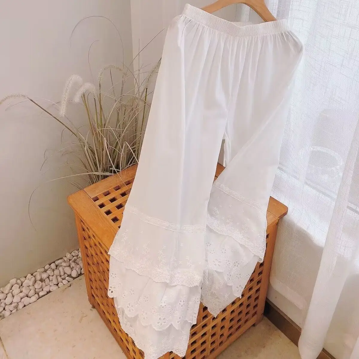 Large Size Pajama Trousers Cheongsam Lace Underpants Leggings Patchwork Fold Wear Loose Ankle Length Wide Leg Pants