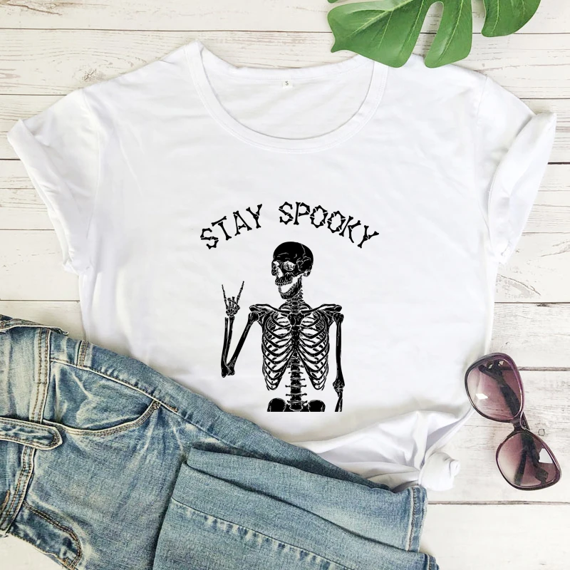 stay spooky tshirt Gothic women short sleeve graphic halloween skeleton tee shirt top