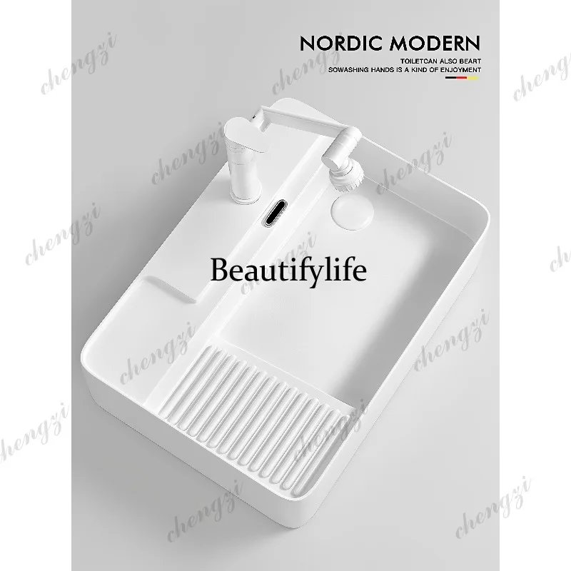 Balcony basin, washing machine, side launching on the stage balcony laundry basin with washboard ceramic hand wash, laundry pool