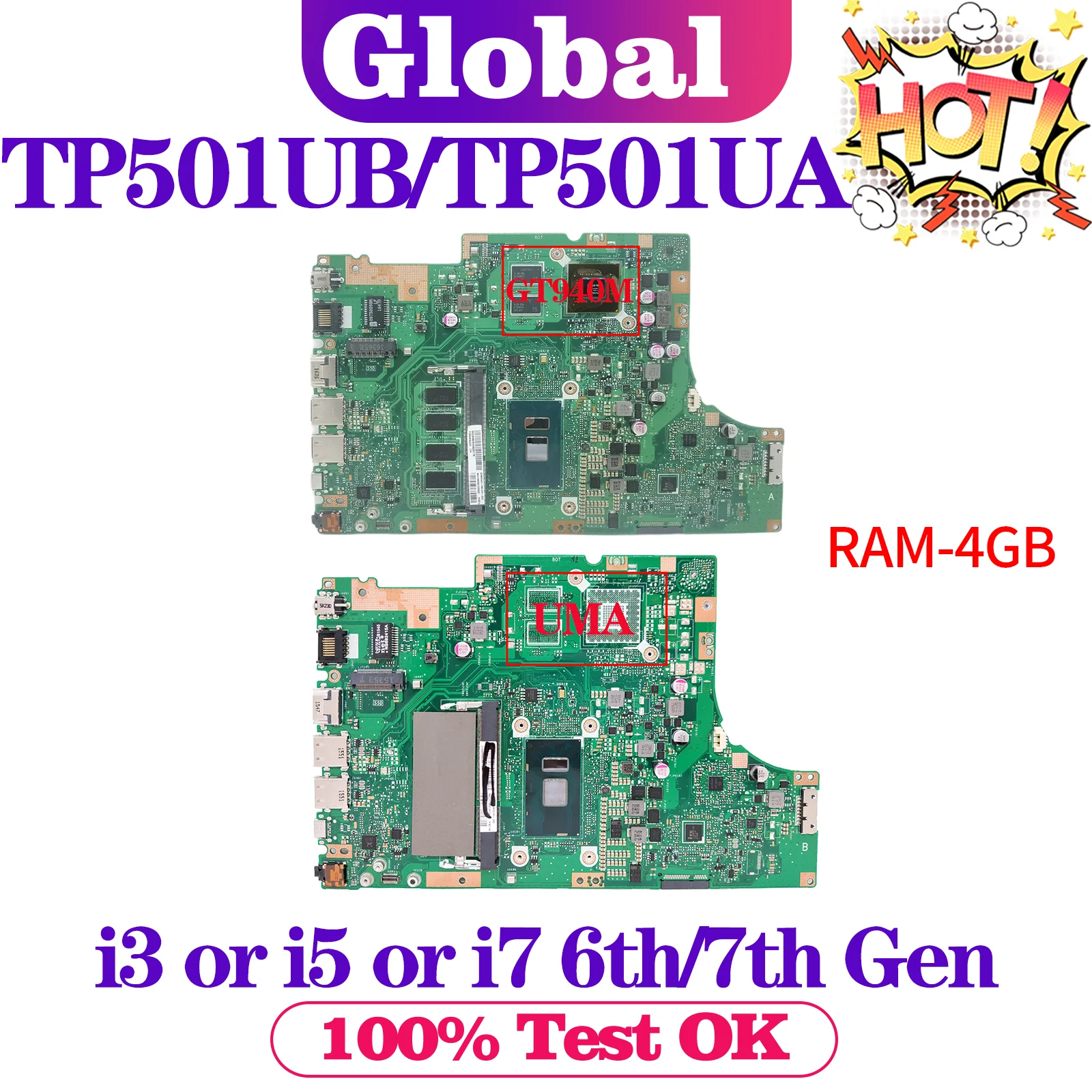 

Notebook Mainboard For ASUS Vivobook Flip TP501UB TP501U TP501UA TP501UQ TP501UQK Laptop Motherboard I3 I5 I7 4GB/RAM UMA/GT940M