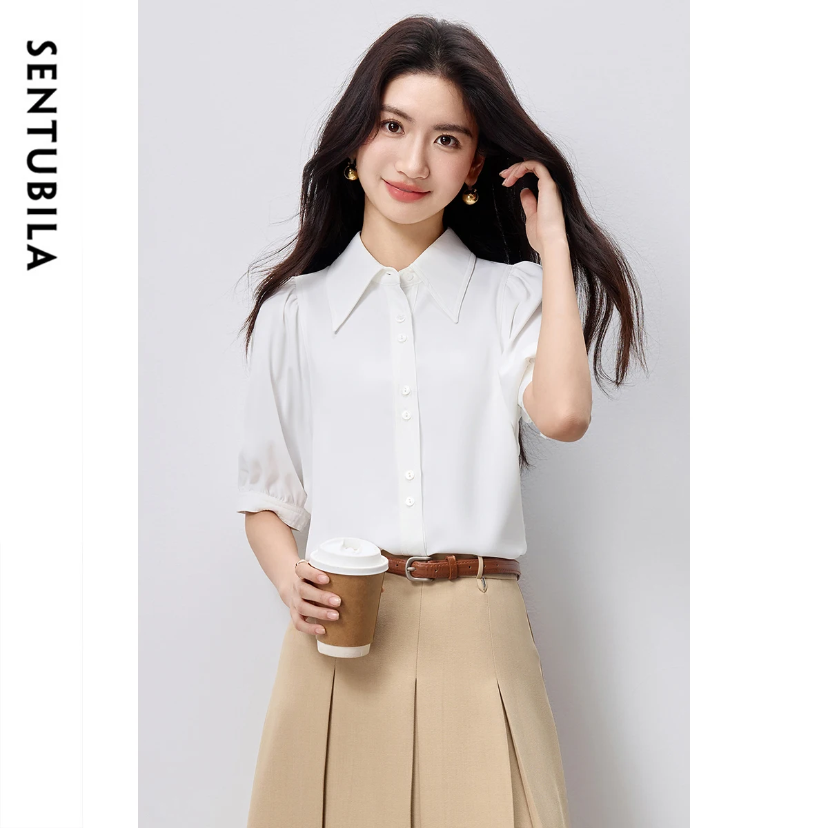 

SENTUBILA Batwing Sleeve Shirt Woman 2025 Summer Fashion Turn Down Collar Single Breasted Office Lady White Blouses 152C59374
