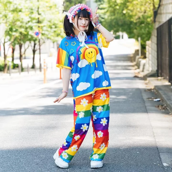 New Children's Fun Style Rainbow Smiley Face Full Print Contrasting Short Sleeved Summer Adult and Children's Y2k Style Top