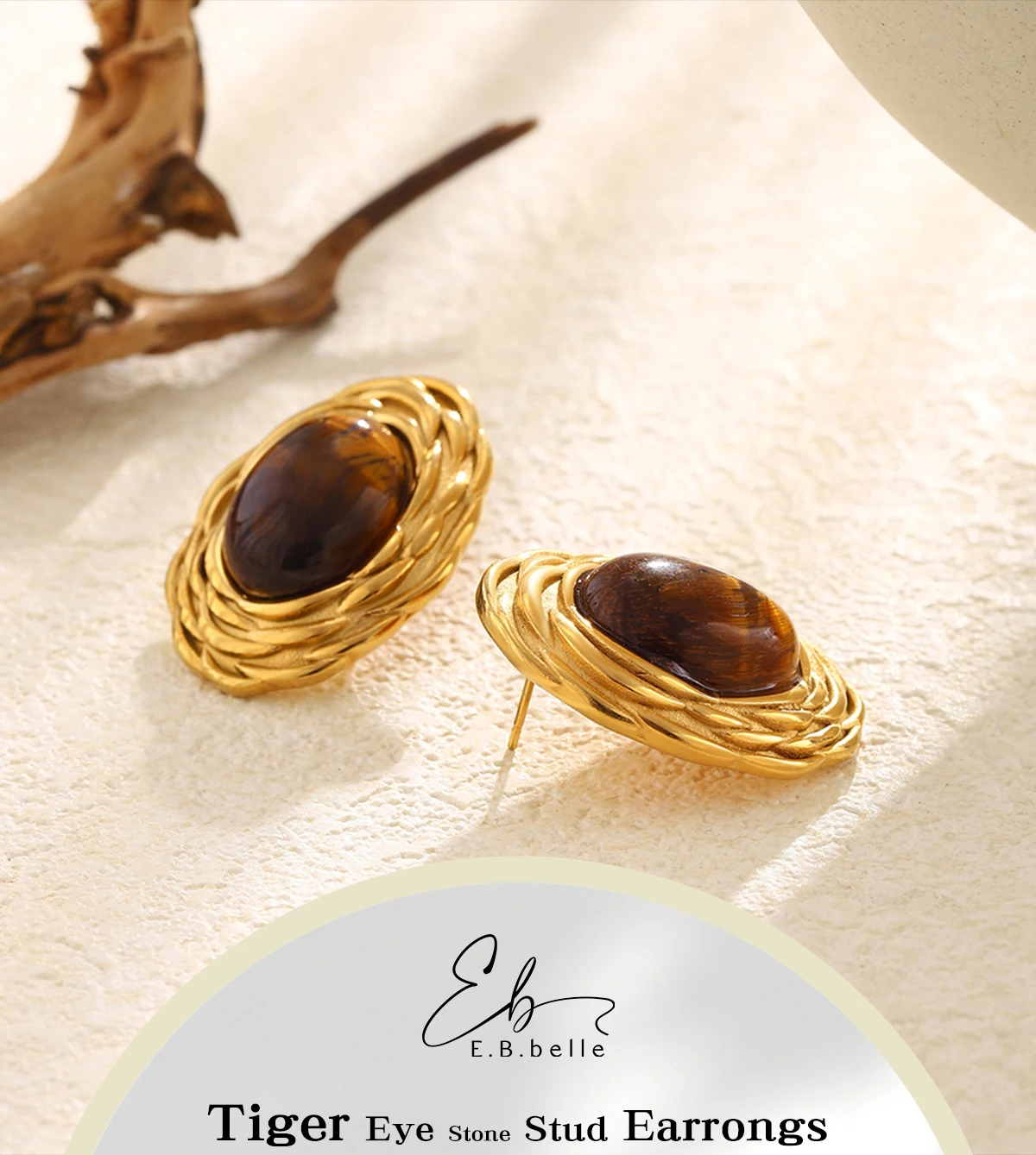 E.B.belle Retro Ovale Tigerauge Ohrstecker 18K Vergoldeter Edelstahl Ohrringe Luxus-Schmuck für Frauen Ohrring Geschenk – Detail 1