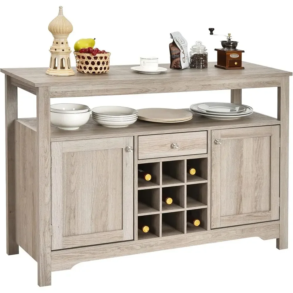 Cabinet Storage Sideboard, Server Table, Kitchen Cupboard with 2 Cabinets, Wine Rack & Open Shelf, 46x16x31.5 inches, Coffee Bar