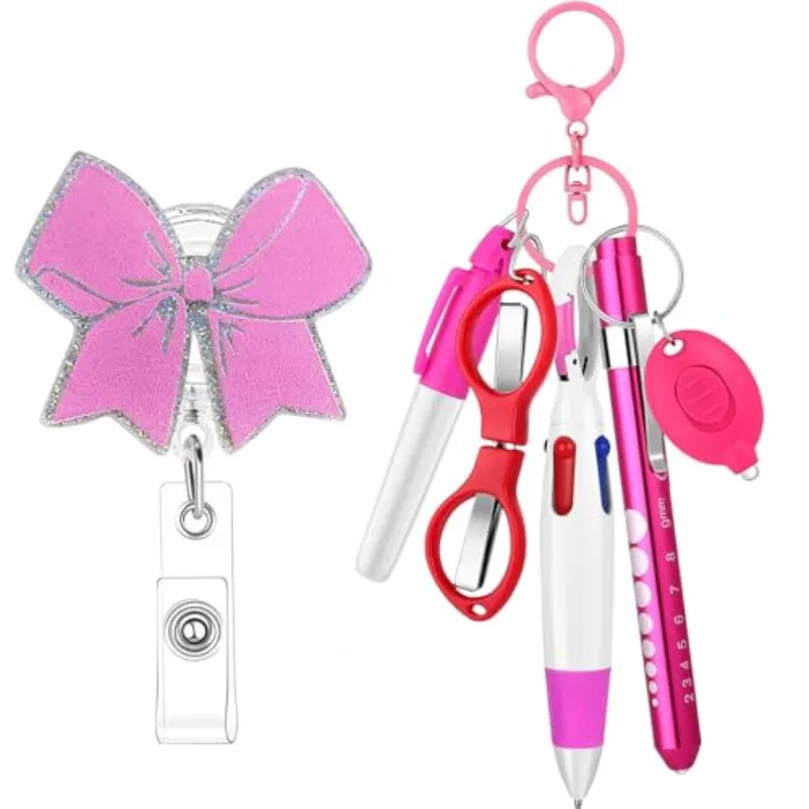 Pink Bow Nurse Pen Set Badge Reel Clip Holder Accessories for Work Permanent Marker Pen and Foldable Scissors LED Flashlight Ke