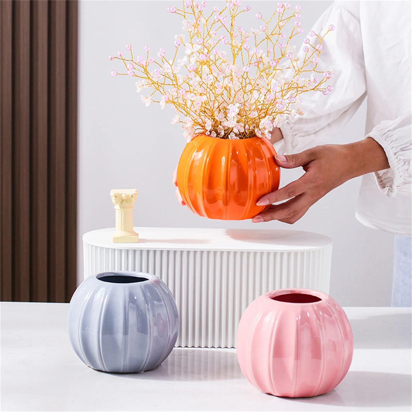 Ceramic Pumpkin Vase Dried Flower Storage Bottle Countertop Decor Flowerpot Pot