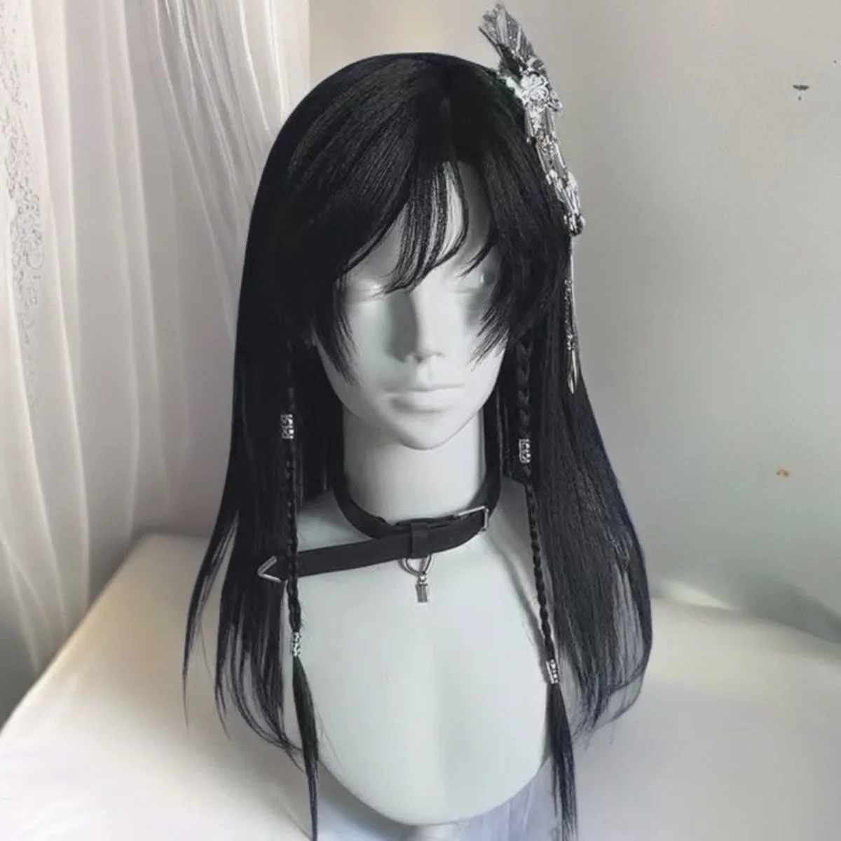 Shen Jianqing Perruque de cosplay de style chinois ancien : cheveux longs et raides avec frange de bande dessinée, casque complet