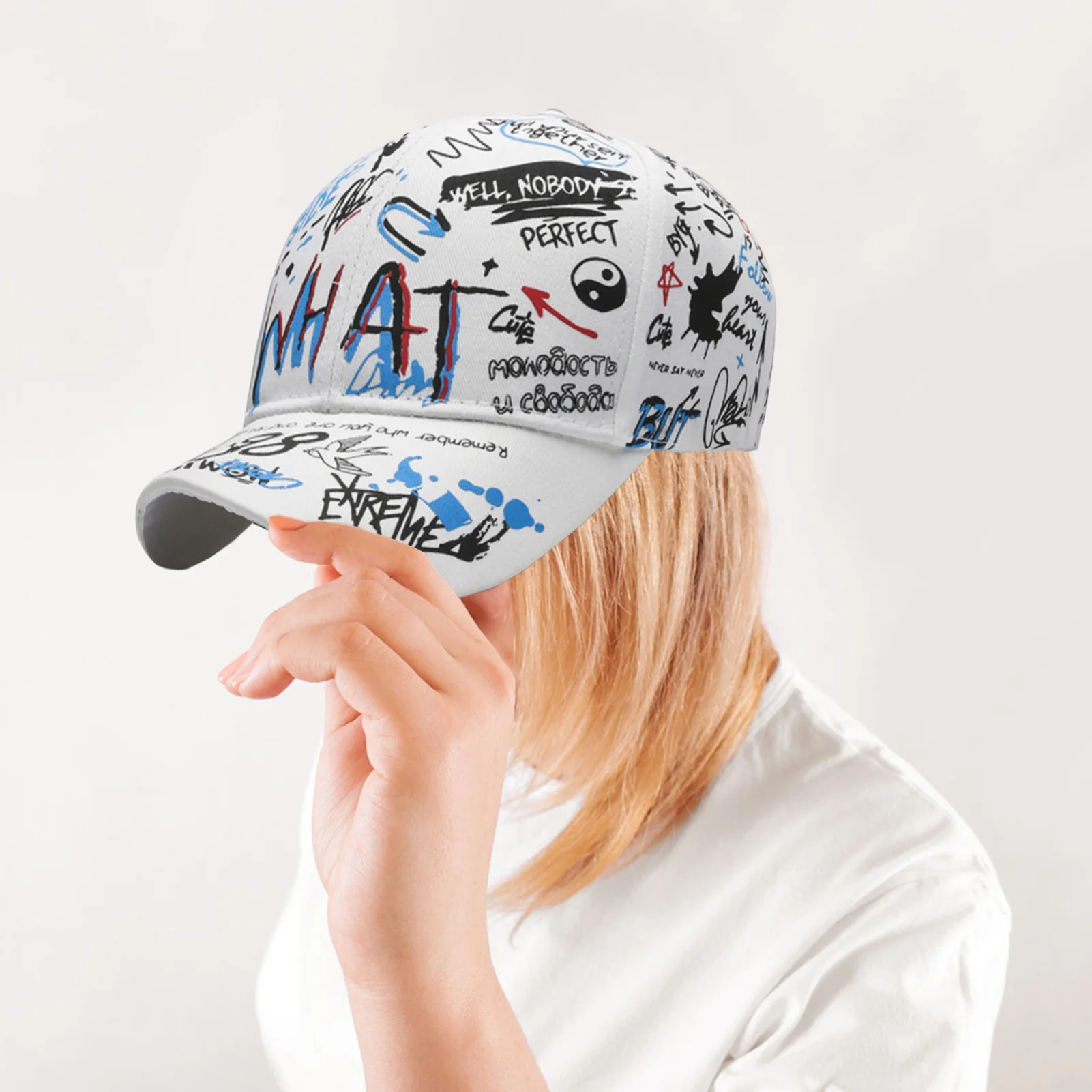 Hiphop-Baseballkappe mit Graffiti-Print, verstellbar, Sonnenschutz, atmungsaktiv, für den Sommer im Freien, für Männer und Frauen – Detail 3