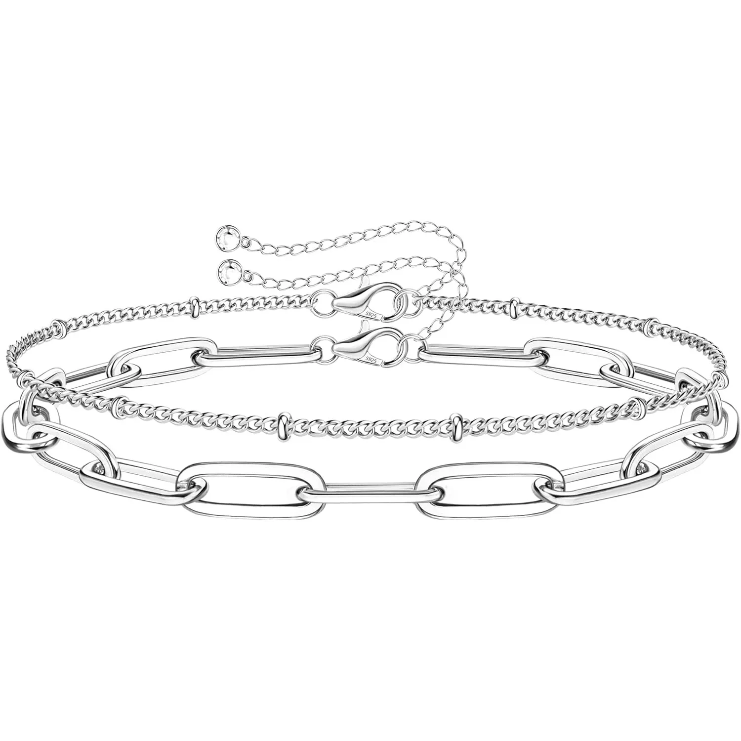 

14K White Gold Plated Paperclip Chain Bracelets for Women Dainty Bracelet Adjustable Layered Satellite Beads Bracelets Jewellry