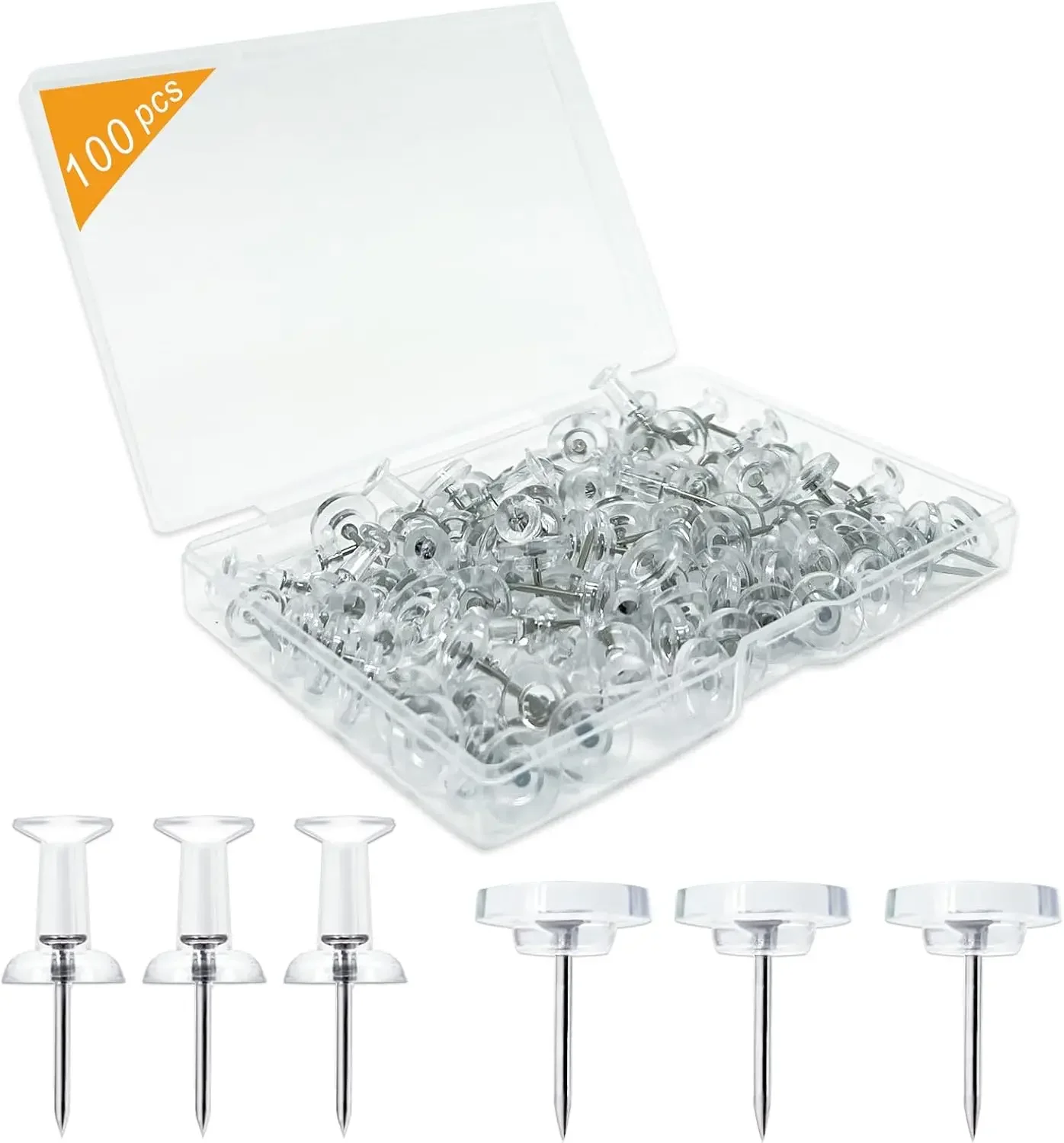 

100-Pack Clear Flat-Head Thumbtacks & Push Pins With Storage Box For Office, Home & Cork Boards