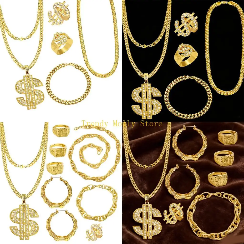 

N5KB Негабаритные кольца-цепочки, ожерелье, комплект бижутерии для стилей хип-хоп, наряды