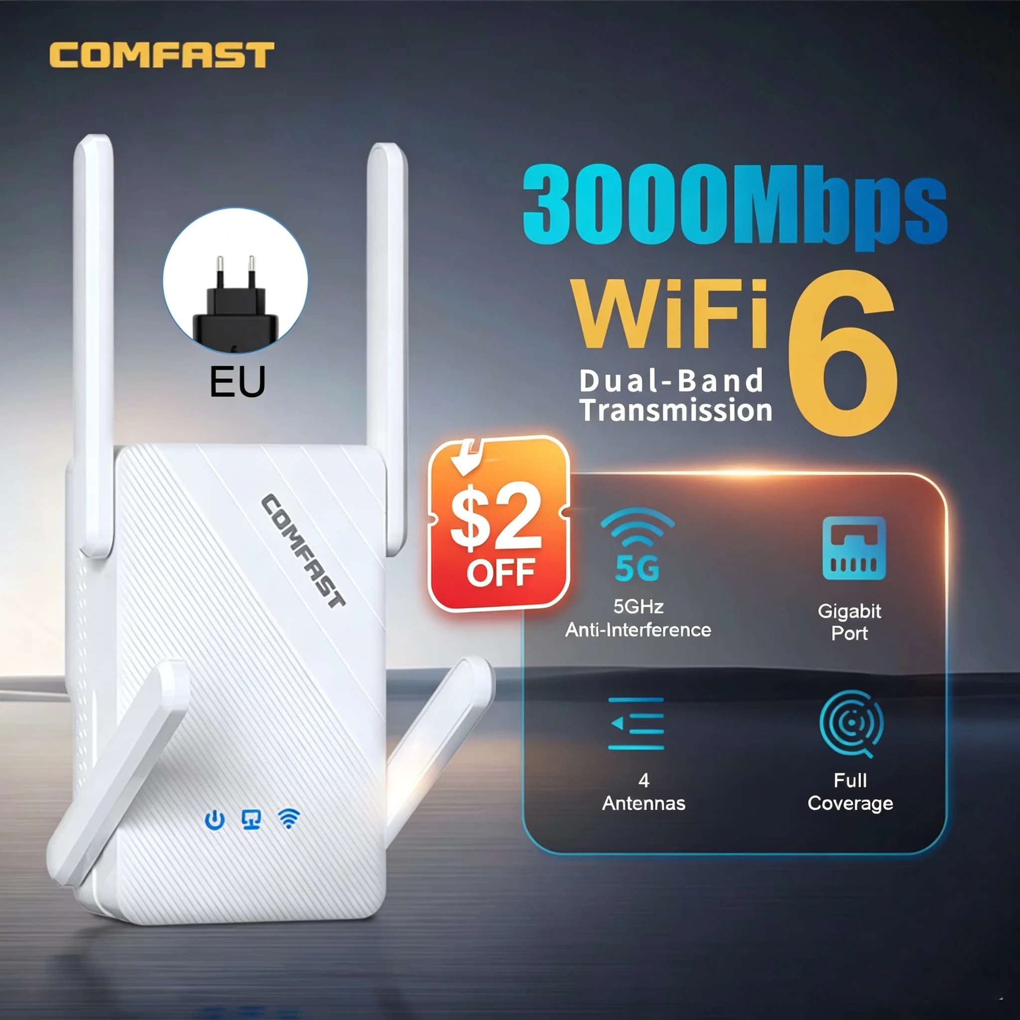 COMFAST 3000Mbps WiFi6 Repeater Wireless Dual Band 2.4G/5.8G WiFi Amplifier Signal 4 Antenna Long Range Signal Booster For Home