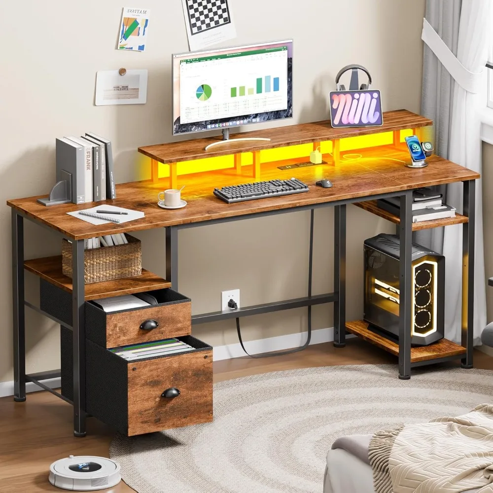 

61" Computer Desk with Power Outlet and LED Lights, Desk with Fabric File Cabinet Drawer, Large Reversible Table with Shelves
