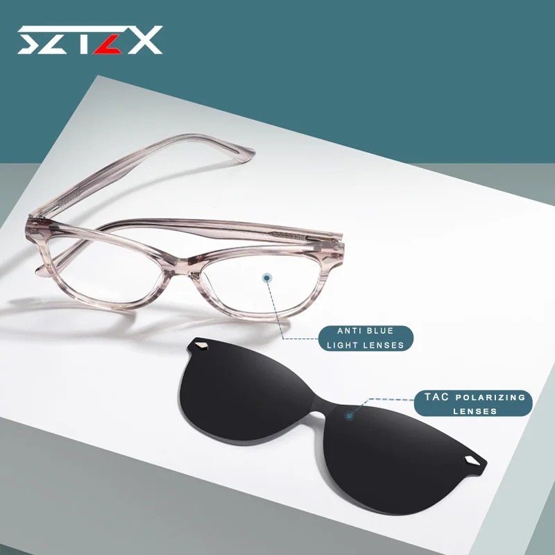 SZTZX Fashion Magnet Clip on Reading Glasses Women Polarized Sunglasses With Anti-Blue Ray Myopic Hyperopia Prescription Glasses