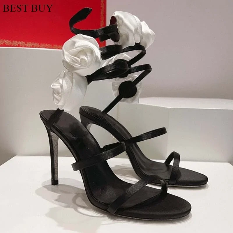 Rosa flores de salto alto sandálias de cetim para mulheres designer dedo do pé aberto tornozelo cruz envoltório stiletto festa casamento sapatos verão novo