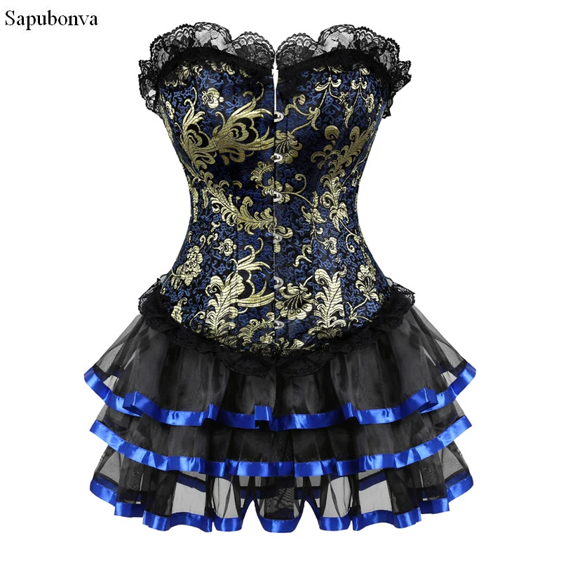 

Sapubonva Corset Dress Tutu Skirt Set for Women Plus Size Burlesque Gothic Victorian Lace Corselet Overbust Fashion Costume