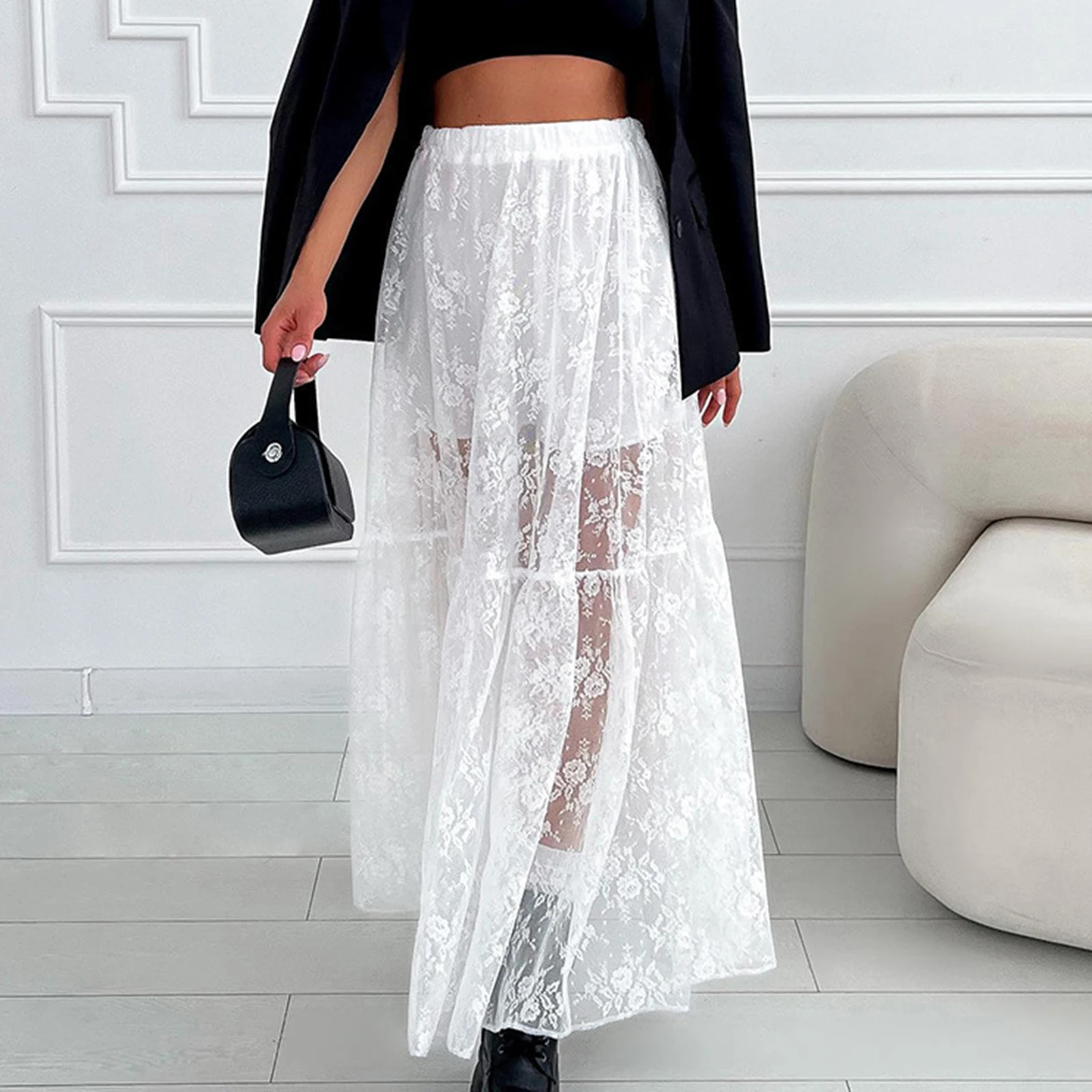 

Women's See-Through Lace A-Line Skirts Casual Summer Elastic Waist Long Skirt for Beach Vacation Club Streetwear