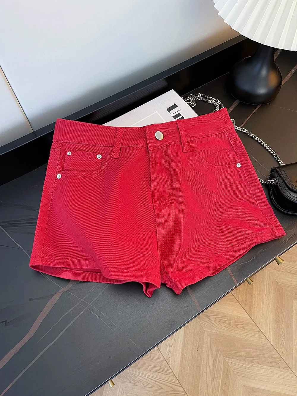 Summer New Women's Red Denim Shorts American Casual Fashion Sexy Retro Spicy Girls High Waist Elastic Slim Hot Pants ﻿