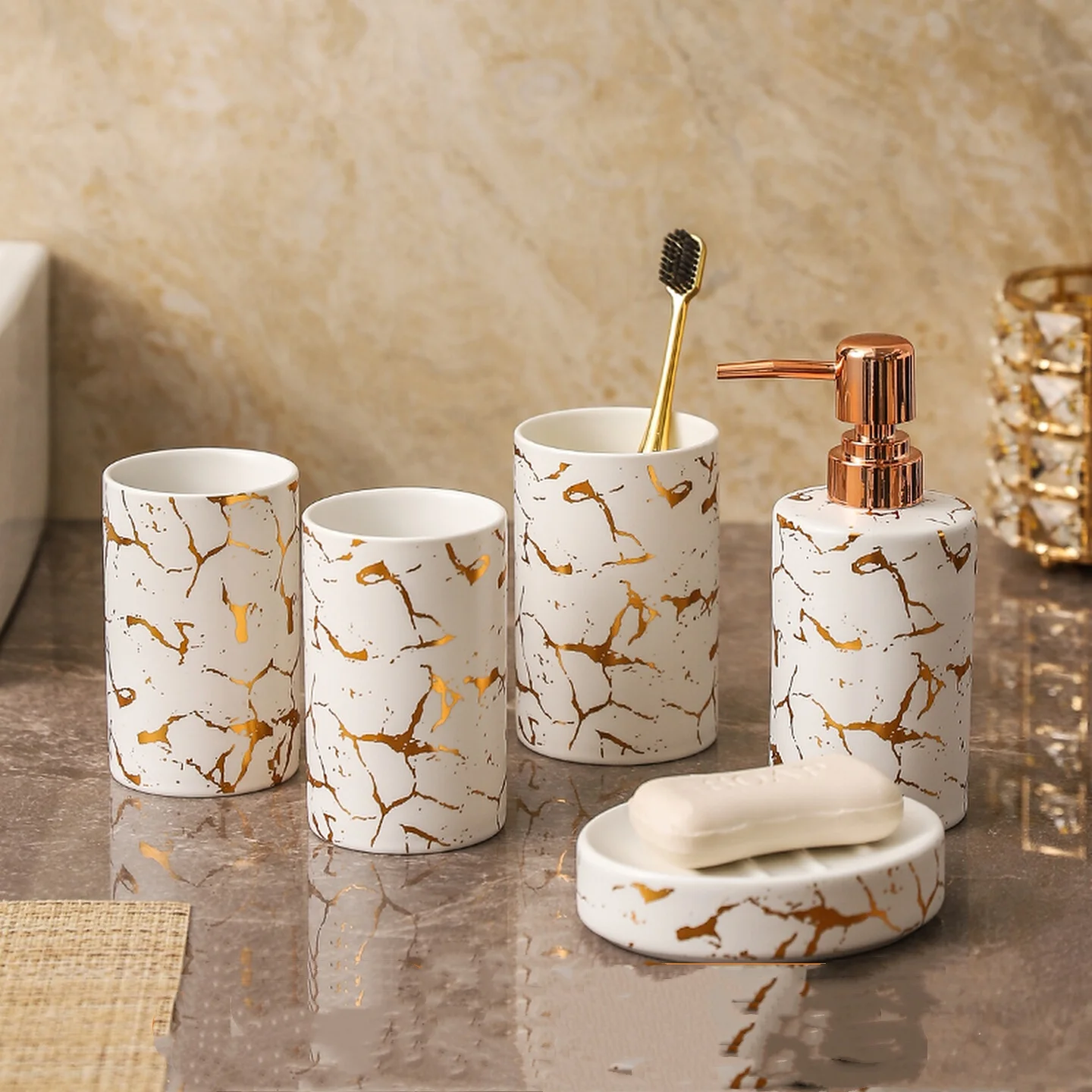 

Golden Line Ceramic Bathroom Accessories 4-5 Pcs/Set Marble Textured Wash Set Toothbrush Holder Kit/Mouthwash Cup/Ceramics Bath