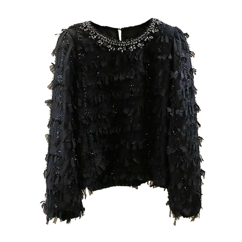 2025 New Fashion Heavy Embellished Diamond Lantern Sleeve Chiffon Blouse Loose Sweet Cute Tassel Versatile Top Trendy Women
