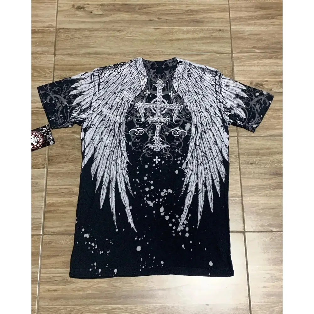 Y2K Affliction Style Streetwear Tee Gothic Skull Cross Print Trendy Graphic T-shirts