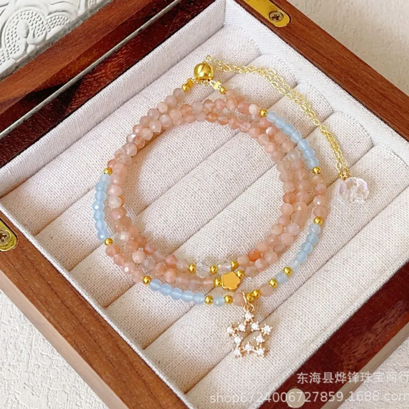 Lucky 14k Gold-Plated Natural Colorful Moonstone Orange Sunstone Aquamarine Faceted Three-Strand Bracelet Hand String Jewelry