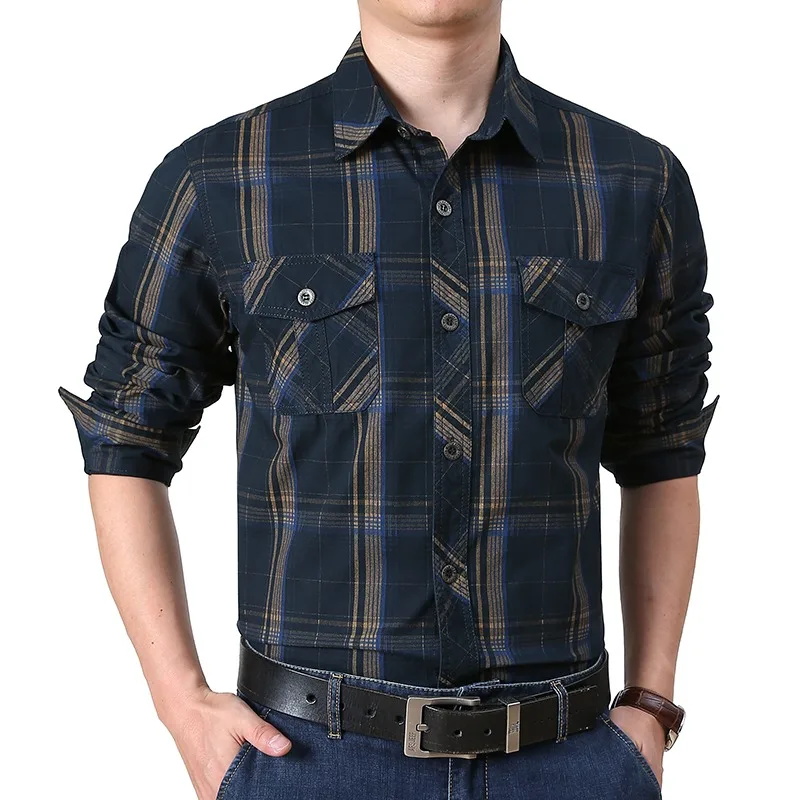 Men's Beige Plaid Long Sleeve Shirt Button Down Double Pocket Casual Outdoor Workwear Top