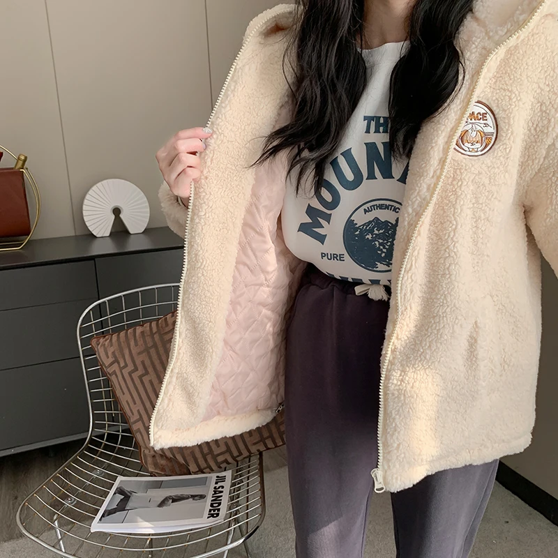 Women's Beige Hooded Long Sleeve Fleece Lined Lamb Fur Cotton Jacket American Streetwear Cute Retro Winter Warm Cotton Coat 2026