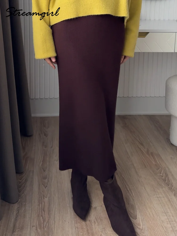 Streamgirl Brown Knit Skirts Women Long Bodycon Spring High Waist Straight Skirts Vintage Female Purple Office Maxi Skirts Lady
