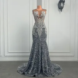 Gorgeous Long Mermaid Prom Dresses 2026 Sexy Sheer Mesh 3D Lace Beaded Sparkly Silver Sequin Black Girls Prom Gowns