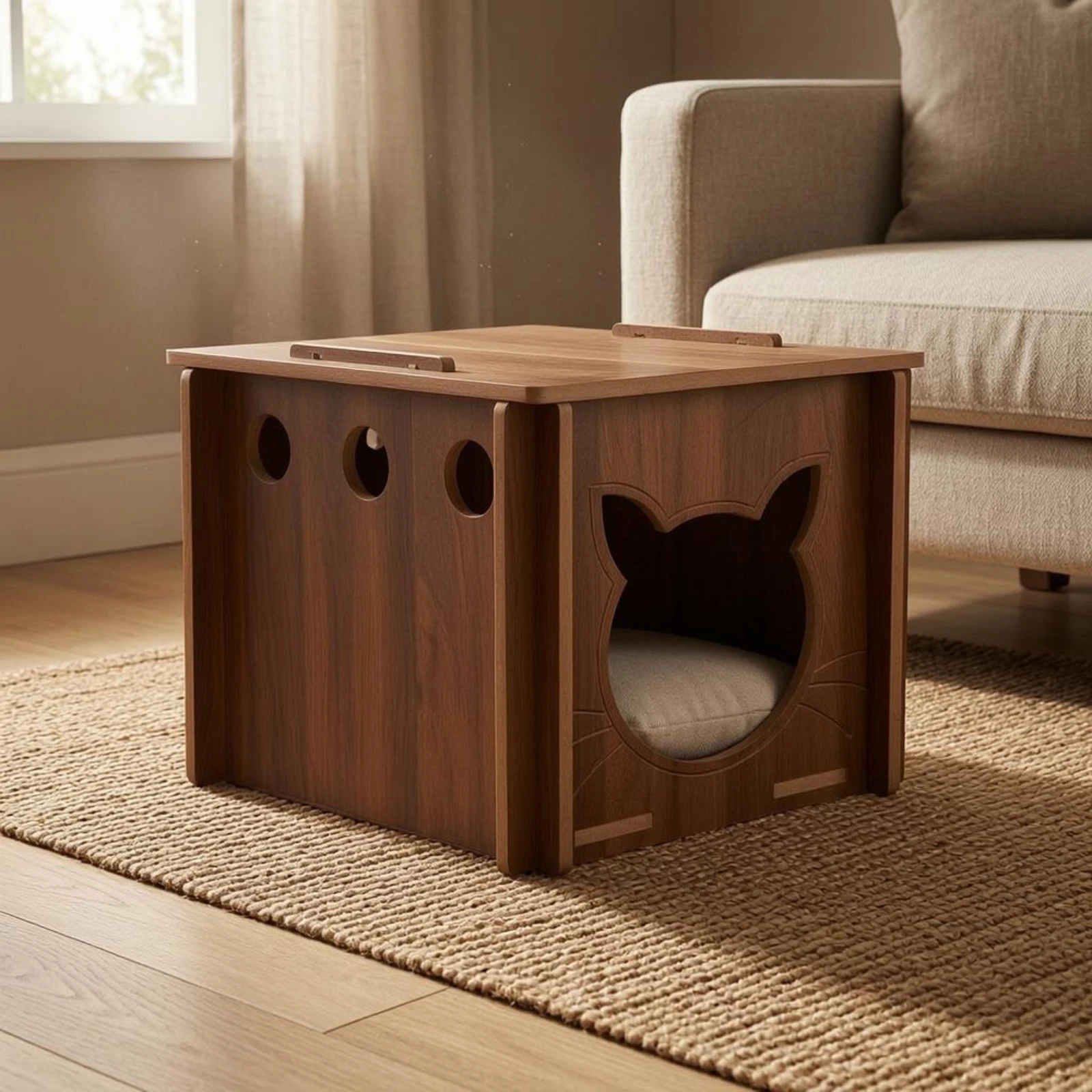 Wooden Square Cat Dog House Wood-Grain Indoor Feline Resting House Flat Top Ventilated