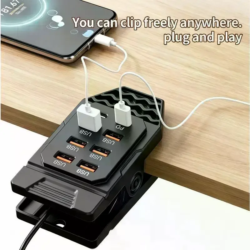 Clamp-Mounted USB Splitter 6 USB-A + 2 Type-C Ports USB-A Input with Independent Data Channel, Desk Clamp Power & Data Hub