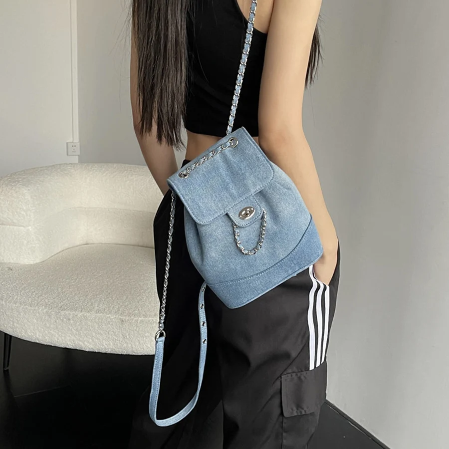 Women Korea autumn winter mini chains backpack female ins student denim blue shoulder bag travel bagpack girls rucksack mochila