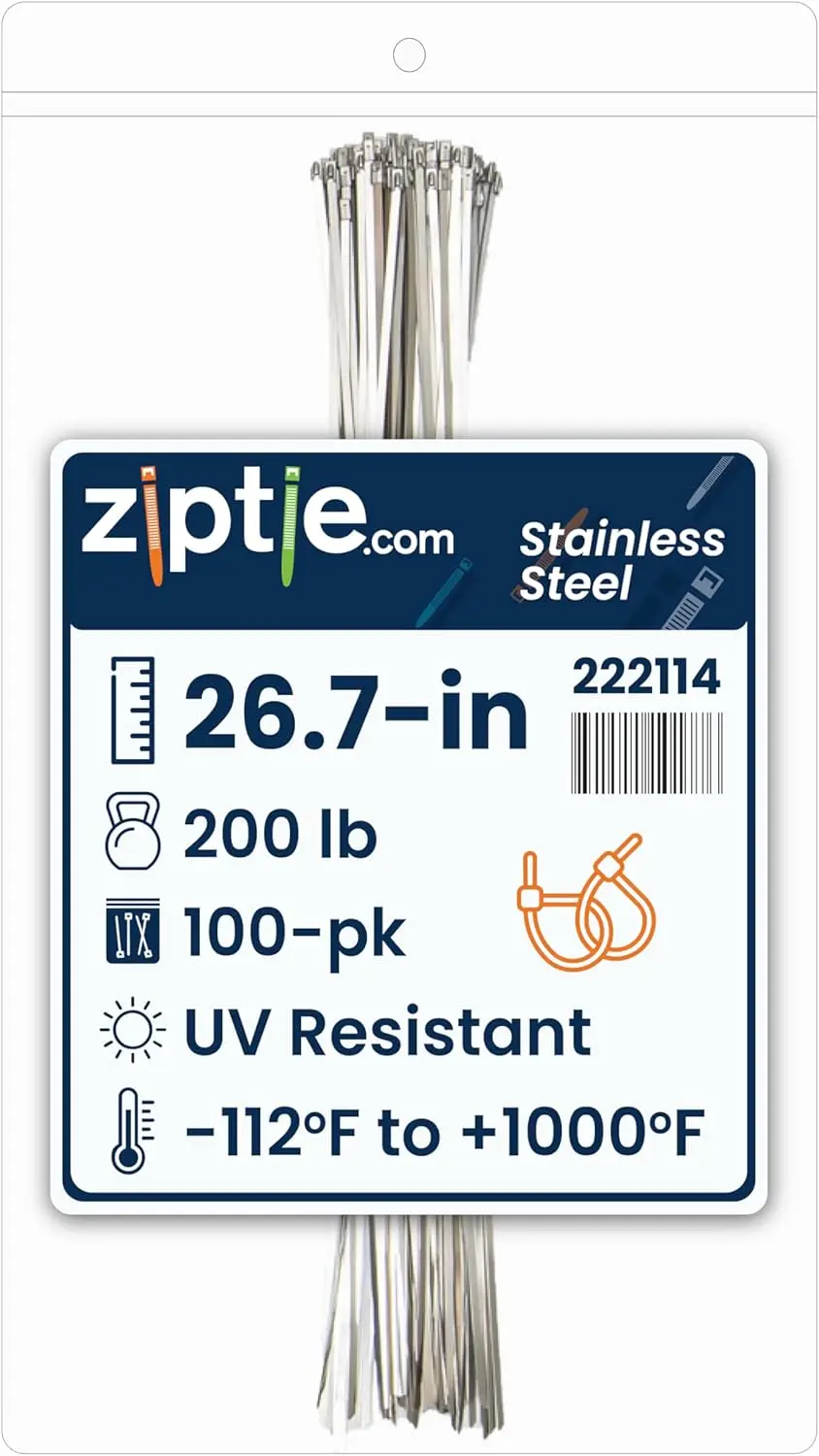 

26.7-inch UV Resistant Stainless Steel Zip Tie, 200-lb Tensile Strength, UL 2 Listed, 100-Pack