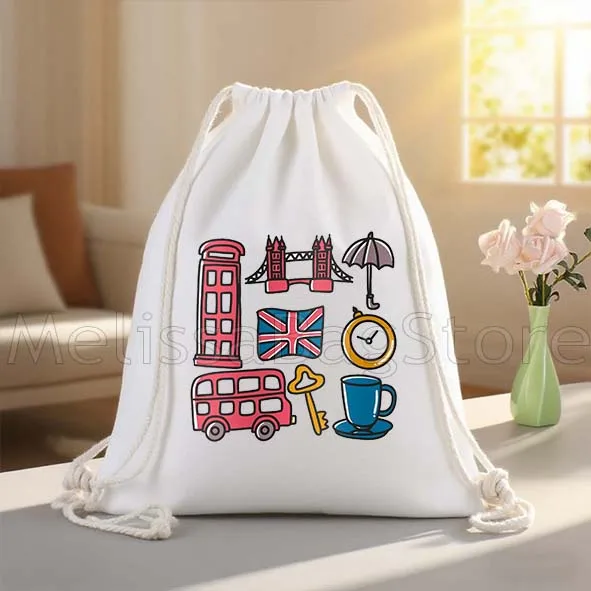 London England Bridge Bus Cute Tourist Gifts Canvas Drawstring Bags Soccer Backpack Gym Sackpack Sports Yoga Cotton String Bags