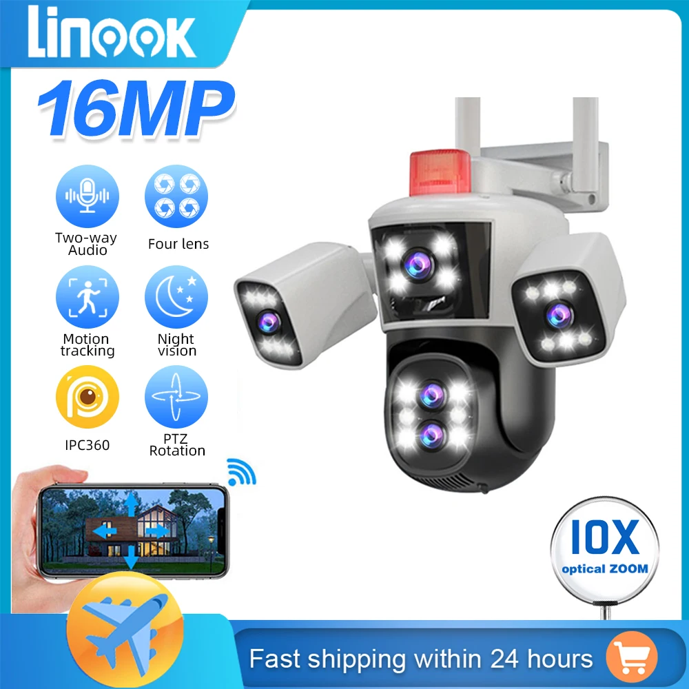 Linook 16MP,,8K,4 lenses,10x optical zoom,outdoor waterproof closed-circuit television,IP security protection camera,WIFI camera