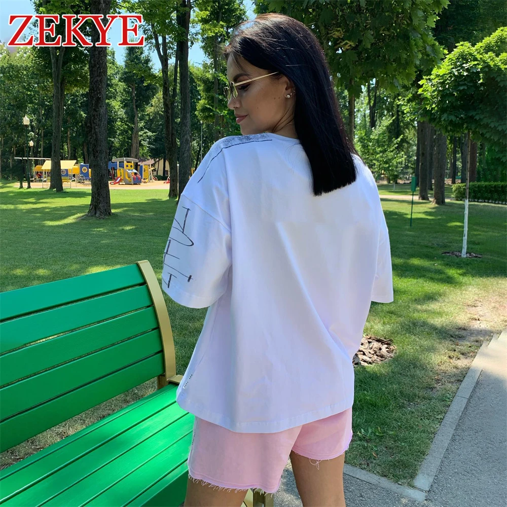 Zekye Printed Streetwear Vintage Tshirts Top Harajuku O Neck Chic Summer Basic Loose T-shirt Cloth Women Casual 90S Aesthetic