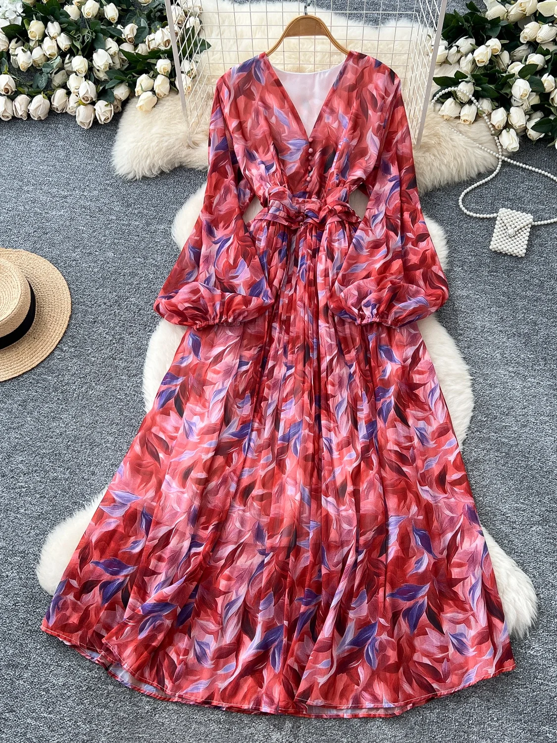 E Vestido con Cuello en V y Mangas Farol, Estampado Floral, Falda Larga, Estilo Coreano, Cintura Alta, Línea A, Vestid...