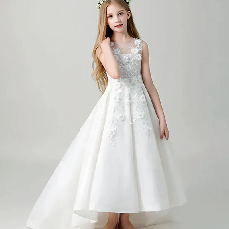 Ivory color Flower Girl dress elegant tulle appliques tailing formal occasion wedding birthday ball Can bespoke kids luxury gown