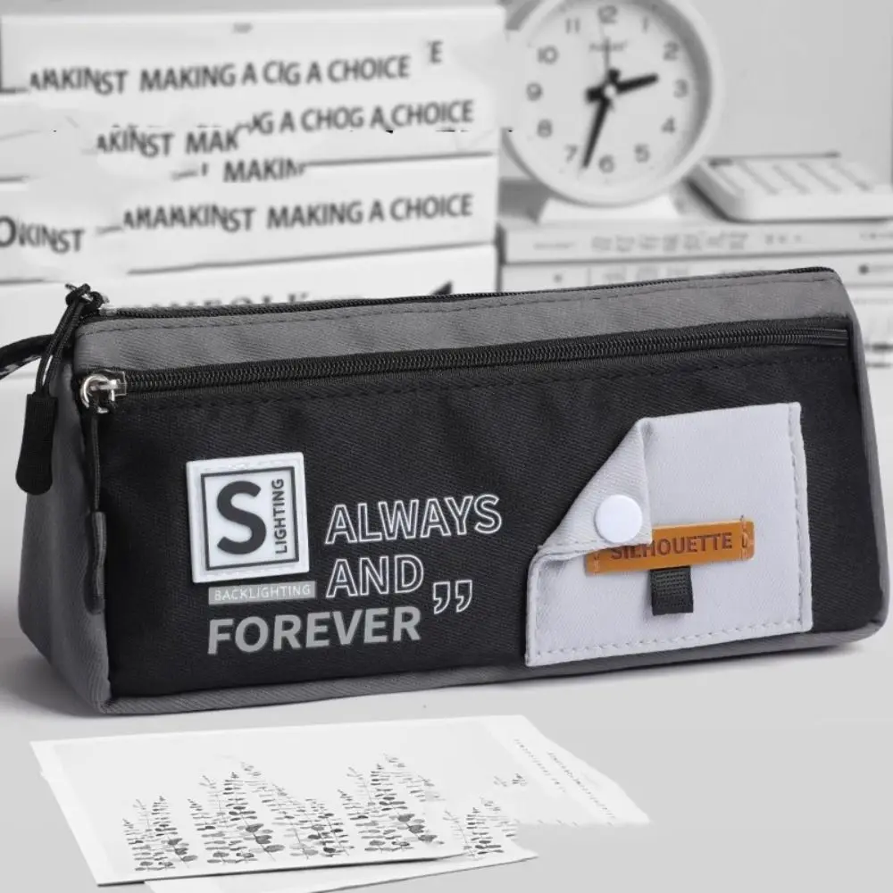 

Canvas Storage Pencil Bag Color Blocked Large Capacity Double-Layer Pen Case Multifunctional Korean Style Cartoon Pencil Cases