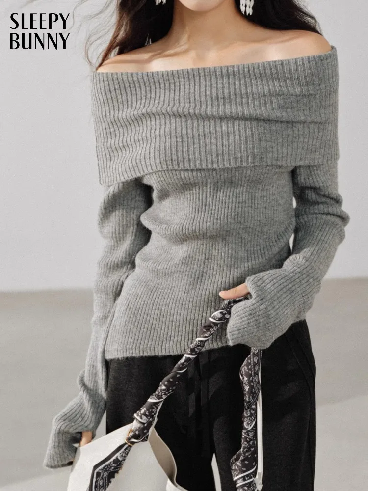 

Вязаный свитер с открытыми плечами, элегантный пуловер в рубчик во французском стиле, женский тонкий осенний топ, мягкий женский трикотаж с открытым вырезом и длинными рукавами