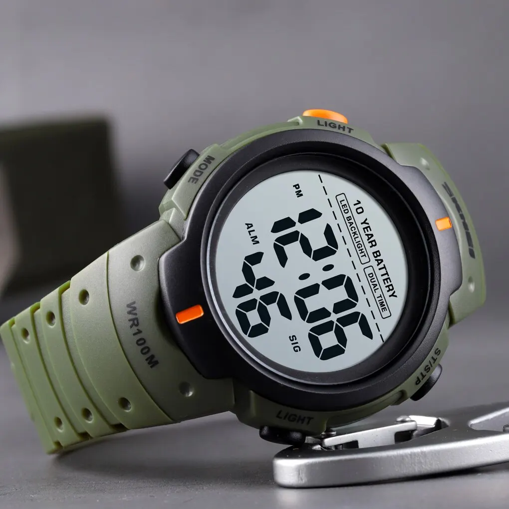 Outdoor Digital Sport Watches Mens Sport Watch 100M Waterproof Led Light Display 10 Year Battery Life Alarm Date Clock